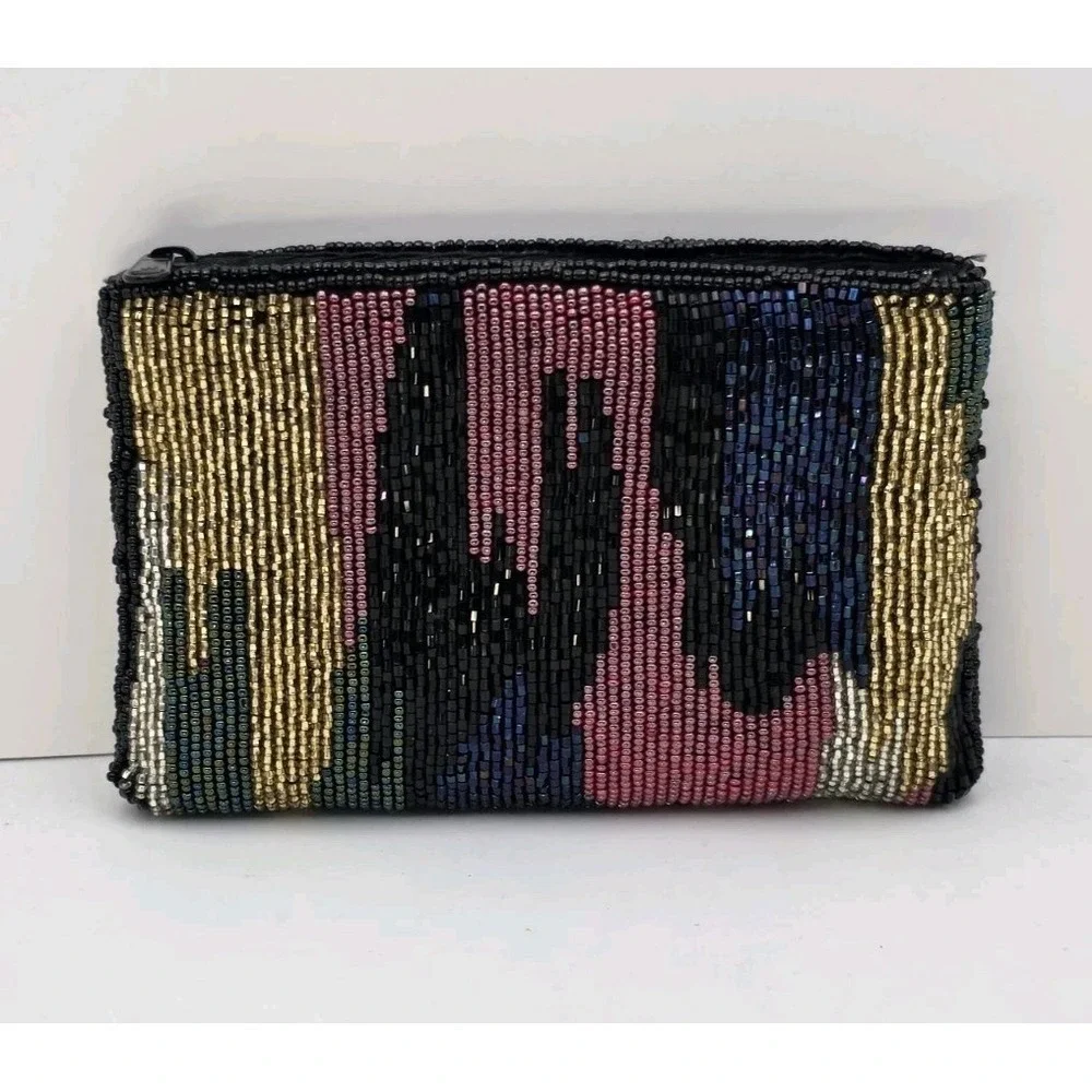 VTG Neiman‎ Marcus Beaded Coin Purse Clutch Abstract Zip Black Gold 6x4